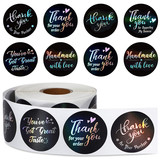 Muka 500 PCS Black Thank You Stickers Roll 1.5 Inch 8 Styles Elegant Handwriting Font Designs Black Gold Thank You Stickers for Small Business Owners Package
