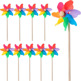 GOGO 7" Rainbow Pinwheels with 12" Wood Sticks, Party Favor Wind Spinners for Garden