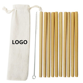 Custom Set of 10 Bamboo Drinking Straws with Stainless Steel Cleaning Brush and Storage Pouch, 7.9" L