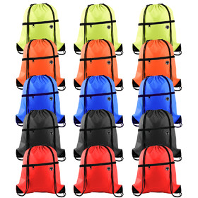 Muka 6PCS 210D Polyester Drawstring Backpack with Front Zipper and Headphone Hole for Gym, School, Sports