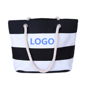 Muka Custom Print Women Striped Canvas Tote Shoulder Beach Bag with Inner Zipper Pocket and Rope Handle for Travel