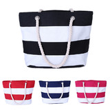 Muka Large Striped Canvas Beach Tote Bag with Inner Zipper Pocket and Rope Handle for Travel, Shopping, Beach, 18"L x 14"H x 5 1/8"W