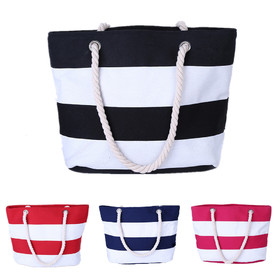 Muka Large Striped Canvas Beach Tote Bag with Inner Zipper Pocket and Rope Handle for Travel, Shopping, Beach, 18"L x 14"H x 5 1/8"W