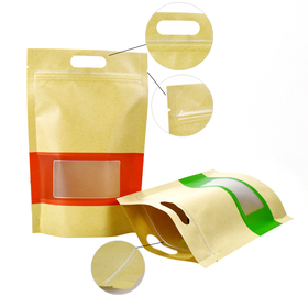(Price/100 PCS) 8 OZ Kraft Frosted Window Waterproof Stand up Pouch w/Handle and Ziplock, 4 mil