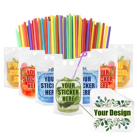 Muka 100 PCS Personalized Juice Pouch with 100 PCS 3" x 3" Custom Label Sitckers and 100 Reusable Drink Straws- Full Color Printing