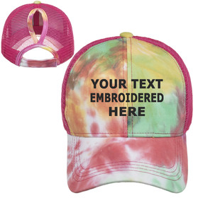 TOPTIE Personalized Text Embroidery Custom Tie Dye Ponytail Baseball Cap for Women Messy High Bun Mesh Ponytail Hat