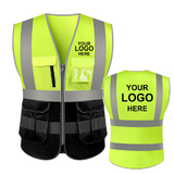 TOPTIE Embroidery Logo Customized 10 Pockets High Visibility Safety Vest, Reflective Trim Safety Vest Add Your Logo