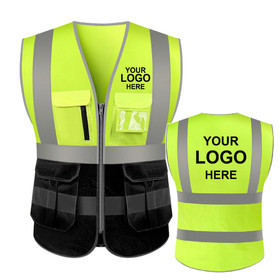 TOPTIE Customized 10 Pockets High Visibility Safety Vest, Reflective Trim Safety Vest Add Your Logo
