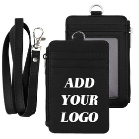 Muka Custom Professional ID Badge Holder with Zip, 2-Sided Vertical Style PU Leather ID Badge Holder with Zipper Pocket and Leather Neck Lanyard Personalized