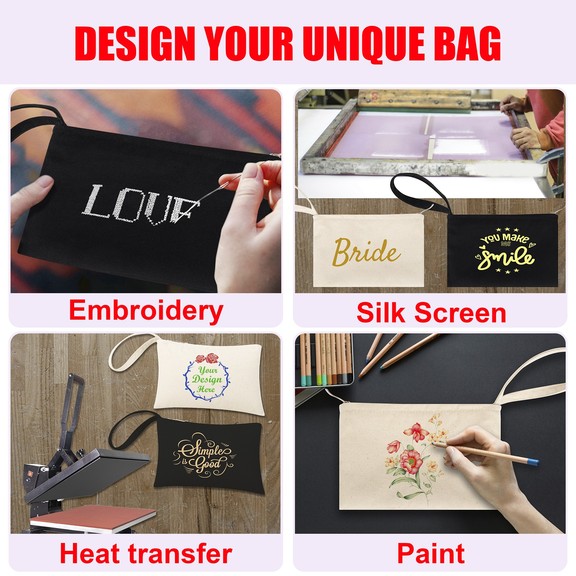 Muka Custom Embroidery Canvas Makeup Bag, 7 x 4-3/4 Inch Wristlet Bag