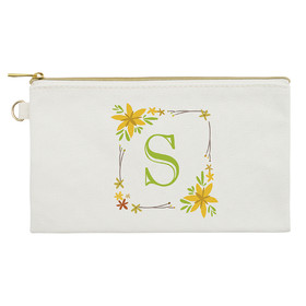 Muka Floral Monogram Cosmetic Bag 7 3/4" x 4 1/2" Natural Cotton Canvas Pouch Travel Makeup Bags
