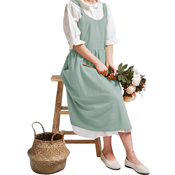 TOPTIE Custom Kitchen Apron, Cotton Linen Cross Back Pinafore Dress for Women with Two Pockets
