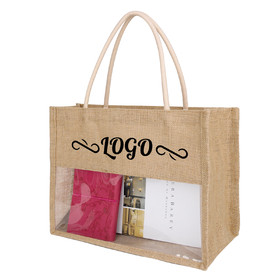 TOPTIE Custom Burlap Jute Tote Bag, Add Name on Reusable Grocery Bag, Beach Tote with Transparent PVC Film Window