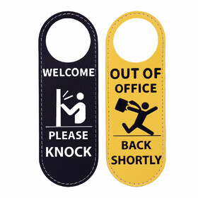 Muka Out Of Office Pu Leather Door Hanger Sign Please Knock Door Hanger Sign For Office Business Yellow/Black, 9.4"X3.1"