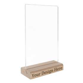 TOPTIE Custom 6 Pack Acrylic T-Shaped Sign Holder with Wooden Stand, Logo Imprinted on Stand, Menu Holders