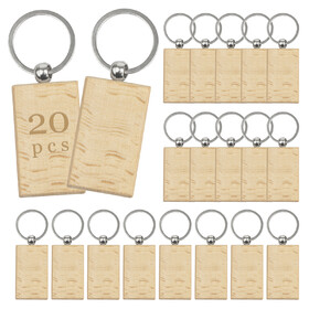Aspire 20pcs Rectangle Blank Wooden Keychain for DIY Gift Crafts, Wooden Engraving Keychain, Key tag