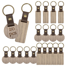 Aspire 20pcs Wooden Keychain Blanks with Leather Strap Round and Rectangle Walnut Keychain Unfinished for DIY Laser Engraving