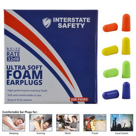 Interstate Safety 40205 Ultra Soft Foam Earplugs, 200 Pairs/BOX 32dB NRR - 4 Assorted Colors - Orange/Yellow/Green/Blue