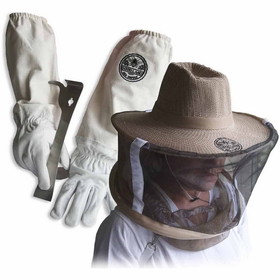 Good Land Bee Supply GL-GLV-JHK-VL-MED Sheep Skin Beekeeping Protective Gloves with Canvas Sleeves and Beekeeping Hat Includes Round Veil - Medium & J-Hook Beehive Scraper Tool