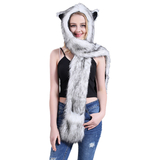 Animal Hat Hood Scarf with Paws Mittens Attached Winter Cap