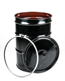 Basco DRU7105 Reconditioned 55 Gallon Steel Drum, Open Head, Lined, Bungs, Heavy Bolt Ring, Blk/Wht