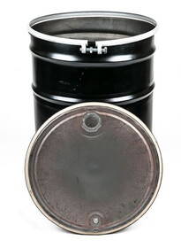 Basco DRU7111-BLK Reconditioned 55 Gallon Steel Drum, Open Head, Unlined, Bungs, Bolt Ring, Blk/Wht