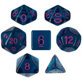 Brybelly Set of 7 Dice - Argon Ocean - Transparent Blue with Red Paint