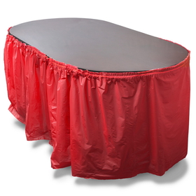 Brybelly 14' Red Reusable Plastic Table Skirt, Extends 20'+