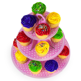 Brybelly Pink Polka Dot 3 Tier Cupcake Stand, 14in Tall by 12in