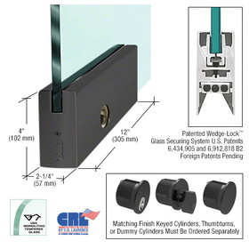 CRL 5/8" Glass 4" Square Door Rail With Lock - 12" Patch