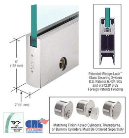 CRL Glass 6" Square Door Rail With Lock - 35-3/4" Length