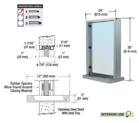 CRL Bullet Resistant 24" Wide Interior Window with Surround Sound and Shelf with Deal Tray for 4-7/8" Thick Walls