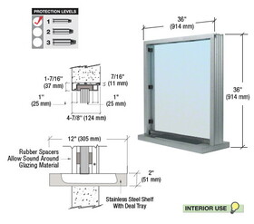 CRL S11W3636A Satin Anodized Bullet Resistant 36" Wide Interior Window with Surround Sound and Shelf with Deal Tray for 4-7/8" Thick Walls