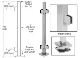 CRL SPS36LBS Brushed Stainless 36" Steel Square Glass Clamp 90 Degree Corner Square Post Railing Kit