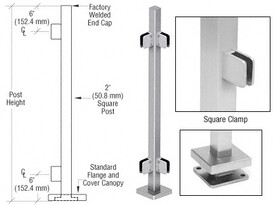 CRL Stainless 42" Steel Square Glass Clamp 90 Degree Corner Post Railing Kit