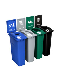 Busch Systems 202878 WASTE WATCHER - Quad - Kit - Cans & Bottles-Paper-Organics-Waste - Circle-Slot-Full - Blue-Grey-Green-Black
