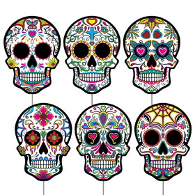 Beistle 01256 Plastic DOD Sugar Skull Yard Signs, 6 metal stakes included; all-weather; assembly required, 11" x 8"
