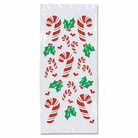 Beistle 20501 Candy Cane & Holly Cello Bags, twist ties included, 4" x 9" x 2"