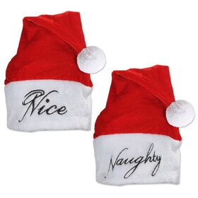 Beistle 22750 Plush Naughty/Nice Santa Hat, embroidered 2 sides w/different designs; one size fits most