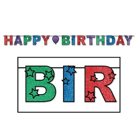 Beistle 50156-MC Glittered Happy Birthday Streamer, 8&#189;" x 10'