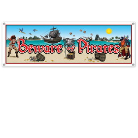 Beistle 50477 Beware Of Pirates Sign Banner, indoor & outdoor use; 4 grommets, 5' x 21"