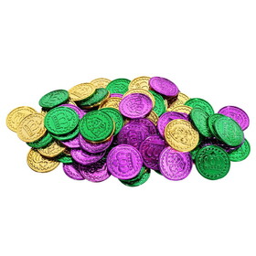 Beistle 50857-GGP Mardi Gras Plastic Coins, asstd gold, green, purple; molded coins w/embossed design, 1&#189;"