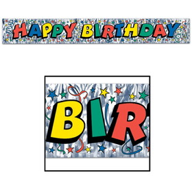 Beistle 50880 Metallic Happy Birthday Fringe Banner, prtd 1-ply PET fringe, 8" x 5'