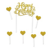 Beistle 52216 Happy Birthday Cake Topper, gold; 6-1¼ x 3¼ heart picks included, 5½