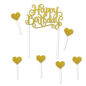 Beistle 52216 Happy Birthday Cake Topper, gold; 6-1&#188; x 3&#188; heart picks included, 5&#189;" x 8"