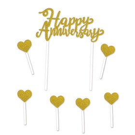 Beistle 53535-GD Happy Anniversary Cake Topper, gold; 6-1&#188; x 3&#188; heart picks included, 6" x 8"