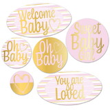 Beistle 53685 Foil Welcome Baby Cutouts, pink, white, gold; foil 1 side/prtd 2 sides, 5