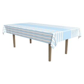 Beistle 53700 Striped Tablecover, lt blue, white, silver; plastic, 54" x 108"