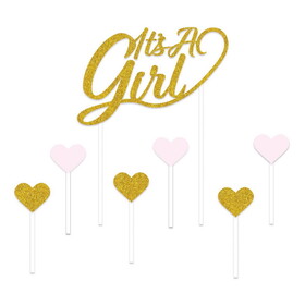 Beistle 53829 It's A Girl Cake Topper, gold; 6-1&#188; x 3&#188; pink & gold heart picks included, 4&#188;" x 7&#189;"