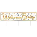 Beistle 53834 Plastic Jumbo Welcome Baby Yard Sign, tri-fold design; 3 metal stakes included; all-weather; assembly required, 11¾